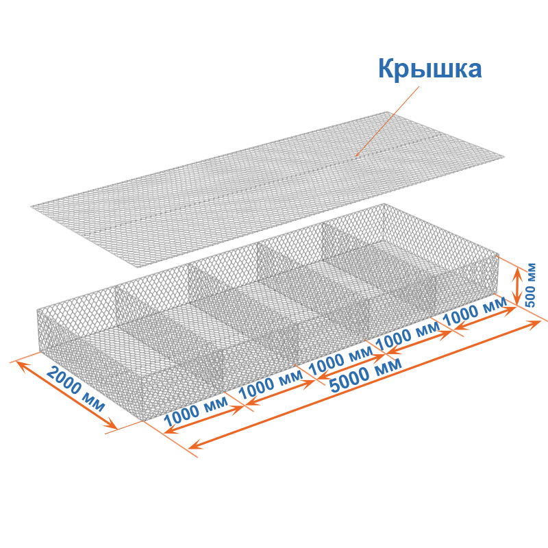 Габион матрац  ГСИ-М 5х2х0,5 оцинкованный, Ø проволоки 3,0 мм, размер ячейки 8х10 см фото